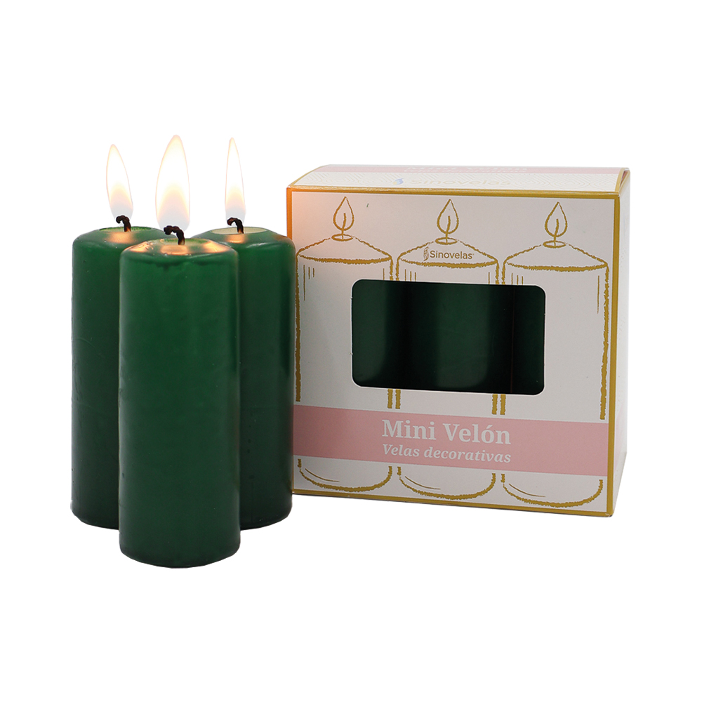 Veladora Mini Velón Verde. Caja con 6 unidades.